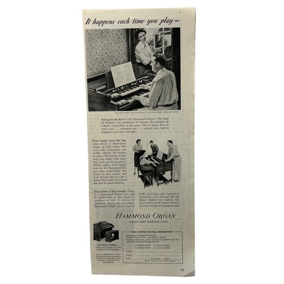 Hammond Organ Vintage Print Ad 1952 Church Model Chicago IL - Picture 1 of 5
